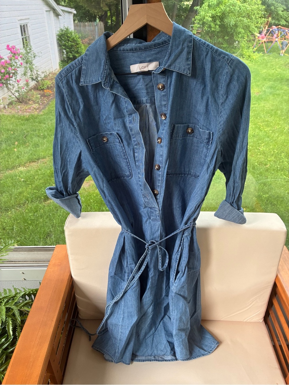 LOFT Chambray Long-Sleeve Shirt Dress in Blue